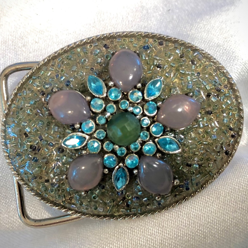 Handmade Grey Beaded w/ Hint of Turquoise Belt Buckle